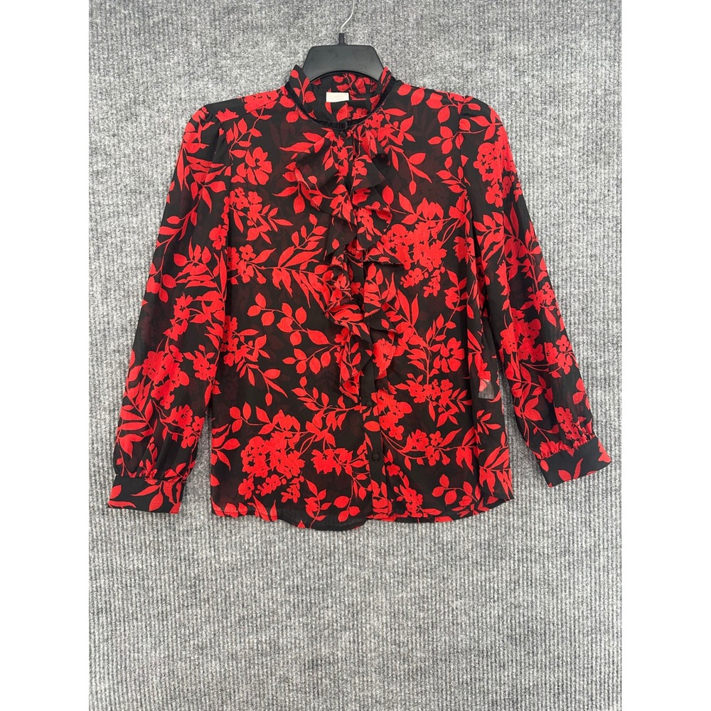Chico's Blouse Women 1 Red Black Excellent Floral Ruffle Mock Neck Long Sleeve